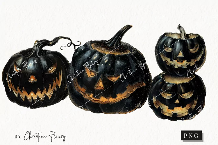 Vintage Black Jack O Lanterns | Halloween PNG
