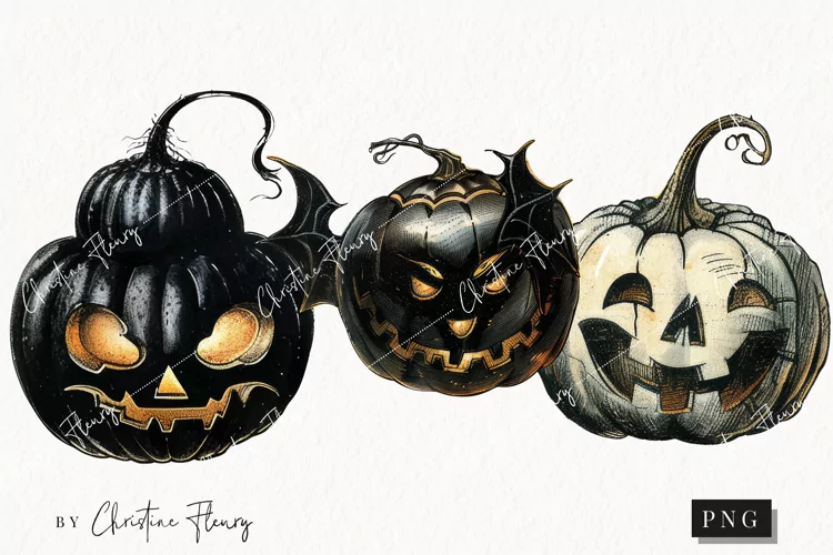 Vintage Black Jack O Lanterns | Halloween PNG