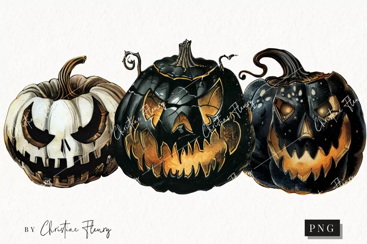Vintage Black Jack O Lanterns | Halloween PNG