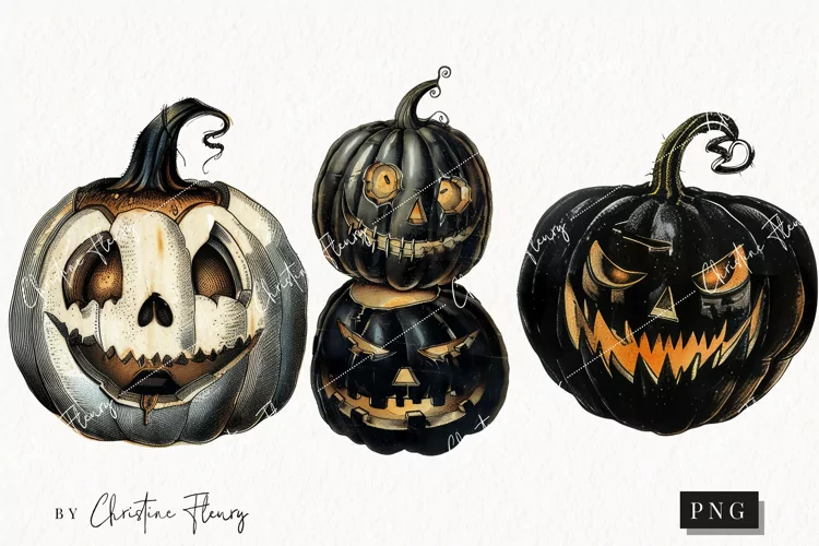 Vintage Black Jack O Lanterns | Halloween PNG