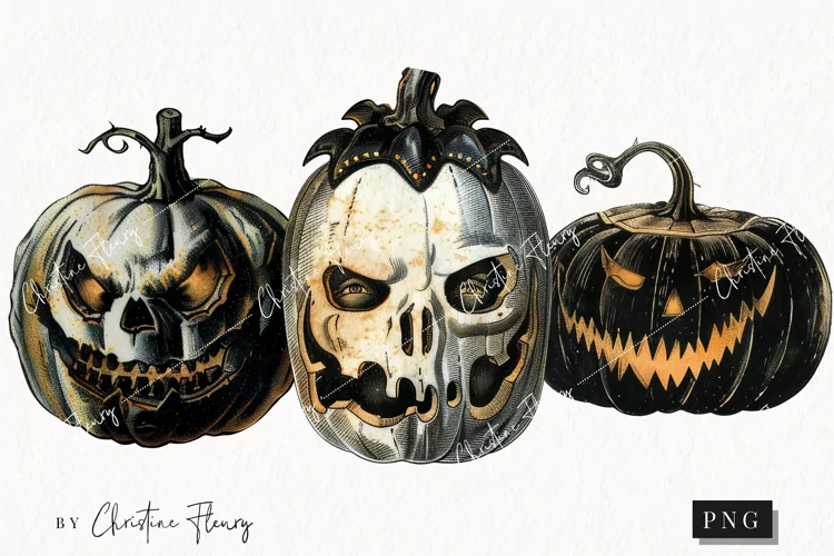 Vintage Black Jack O Lanterns | Halloween PNG