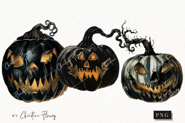 Vintage Black Jack O Lanterns | Halloween PNG
