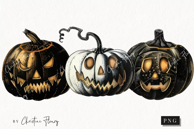 Vintage Black Jack O Lanterns | Halloween PNG