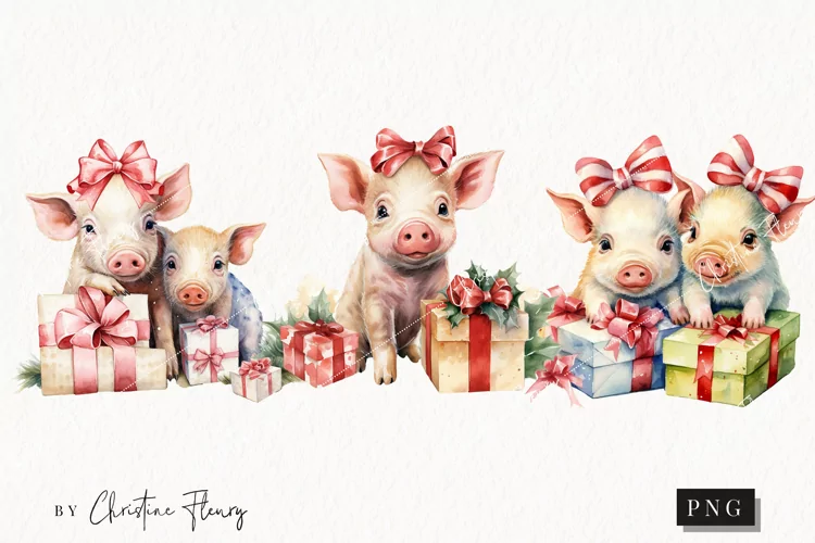 Vintage Festive Pigs Clipart | Christmas Clipart