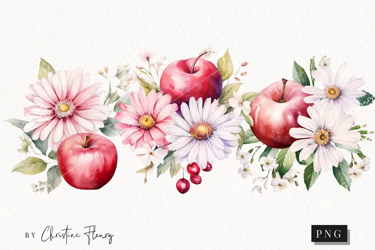Watercolor Flowers & Apples PNG | Spring PNG