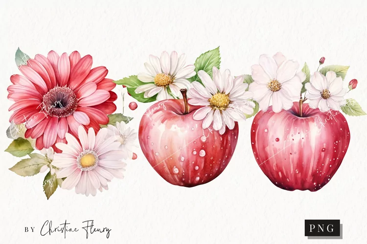 Watercolor Flowers & Apples PNG | Spring PNG