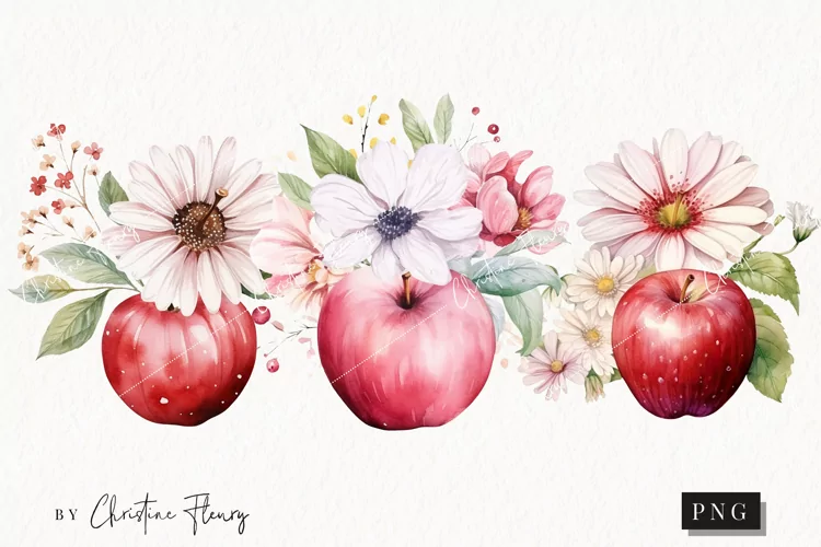 Watercolor Flowers & Apples PNG | Spring PNG