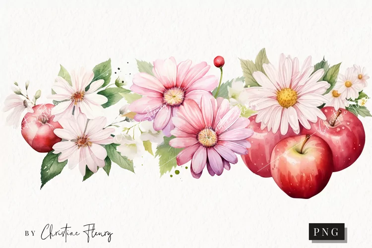 Watercolor Flowers & Apples PNG | Spring PNG