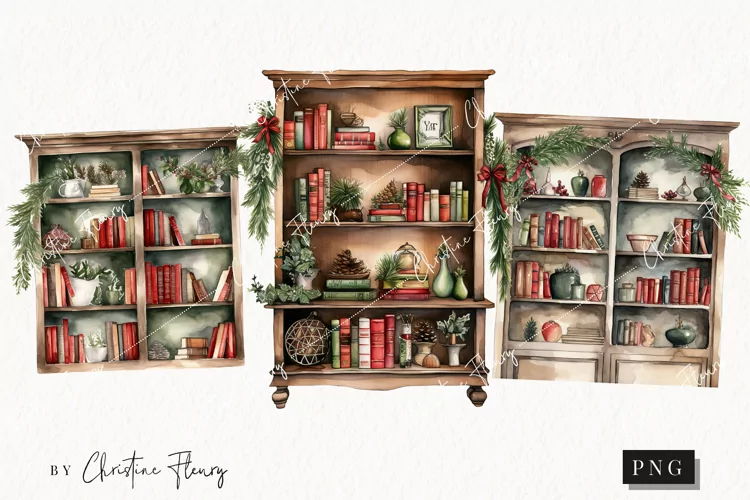 Watercolor Christmas Bookcases Clipart | Christmas Clipart