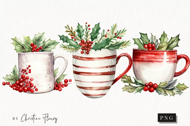 Watercolor Christmas Mugs Clipart | Christmas Clipart