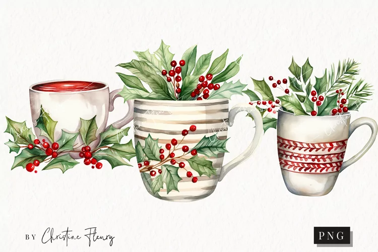 Watercolor Christmas Coffee Cups Clipart | Christmas Clipart