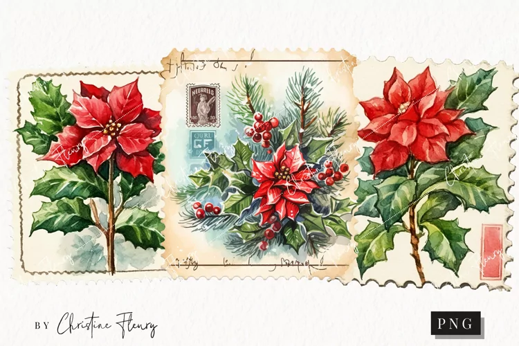 Watercolor Christmas Flower Postage Stamps | Christmas PNG