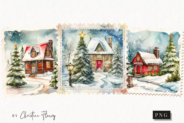 Watercolor Christmas House Postage Stamps | Christmas PNG