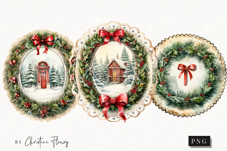 Watercolor Christmas Wreath Postage Stamps | Christmas PNG