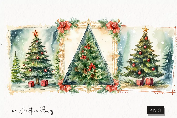 Watercolor Christmas Tree Postage Stamps | Christmas Clipart