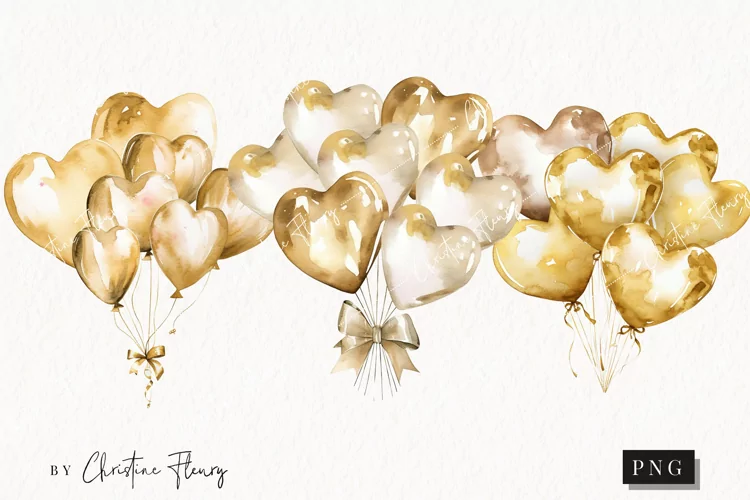 Watercolor Gold Heart Balloons PNG | Birthday PNG