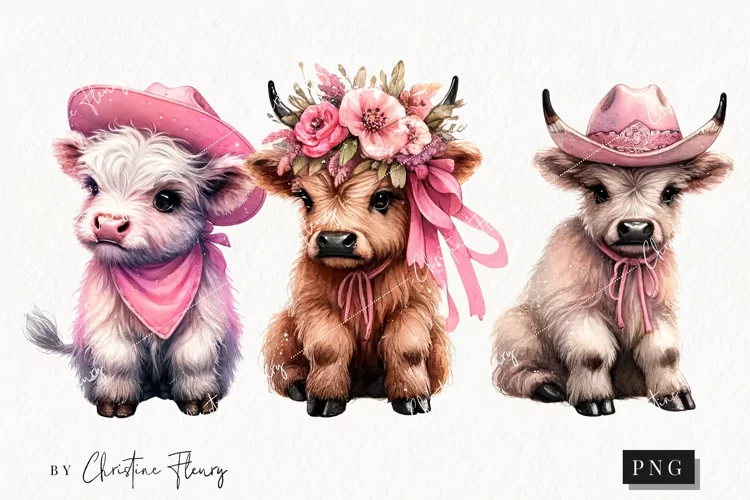 Watercolor Highland Cow Cowgirl PNG | Highland Cow PNG