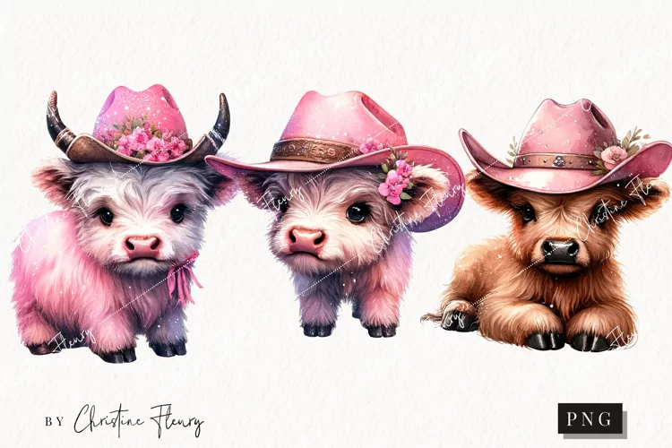 Watercolor Pink Highland Cow PNG | Cowgirl PNG