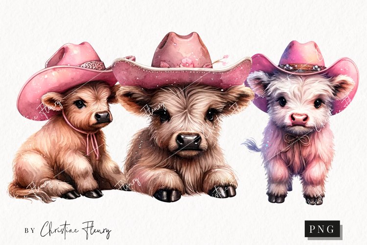 Watercolor Pink Highland Cow PNG | Cowgirl PNG example image 1