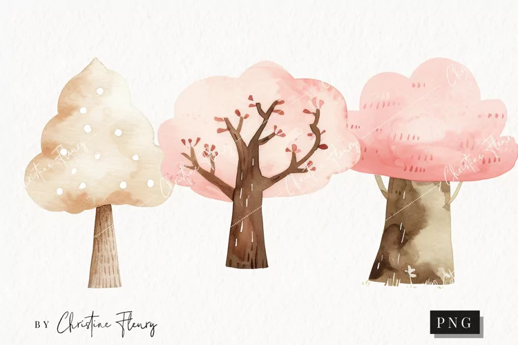 Watercolor Pink Trees | Camping PNG