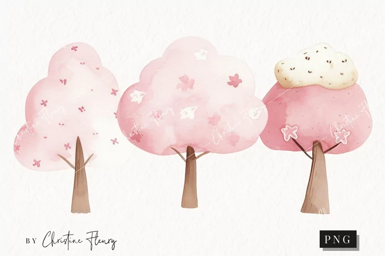 Watercolor Pink Trees | Camping PNG