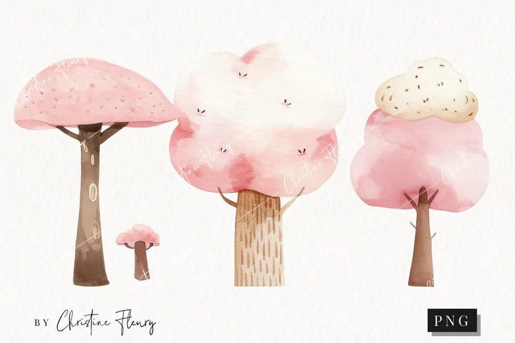 Watercolor Pink Trees | Camping PNG