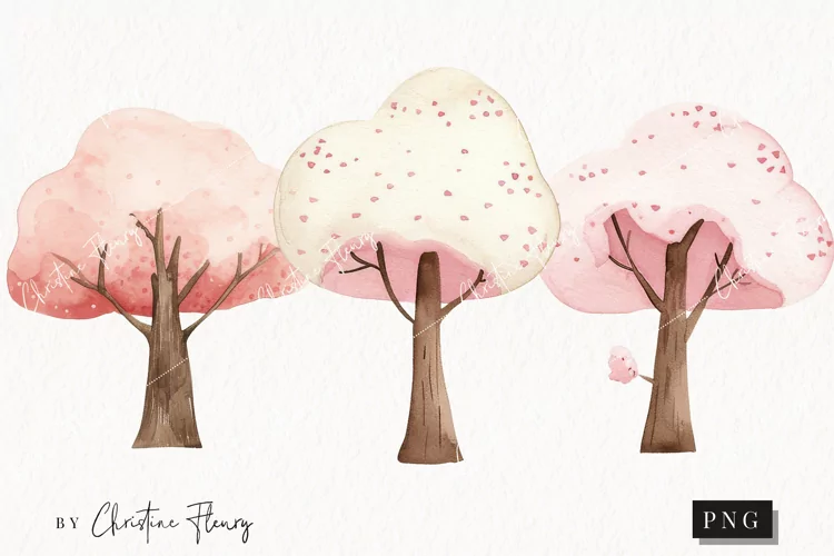Watercolor Pink Trees | Camping PNG