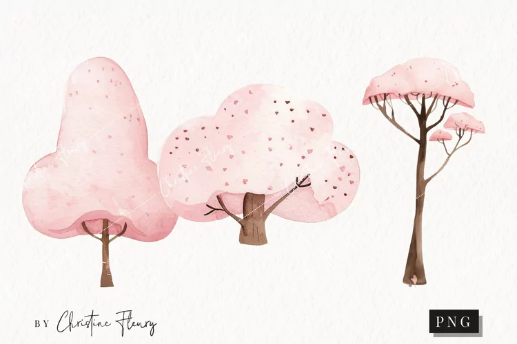 Watercolor Pink Trees | Camping PNG