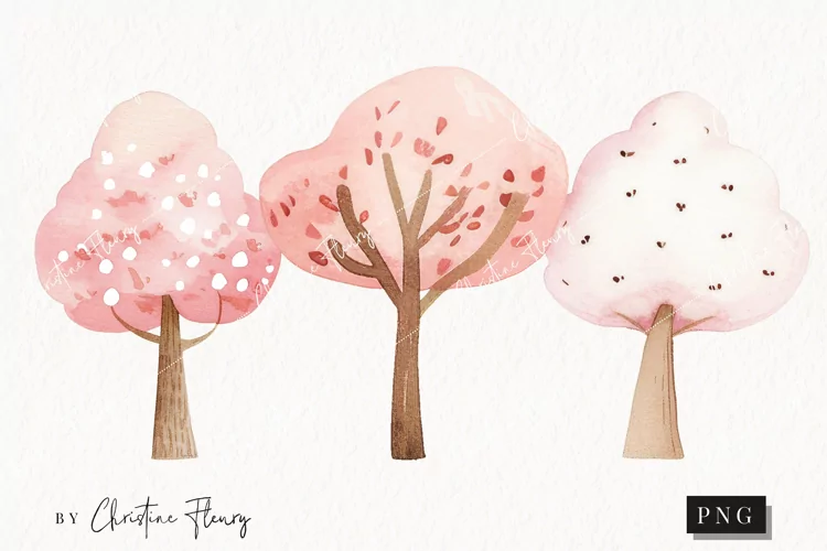 Watercolor Pink Trees | Camping PNG
