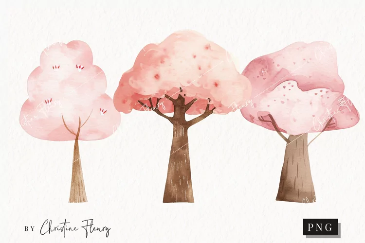 Watercolor Pink Trees | Camping PNG