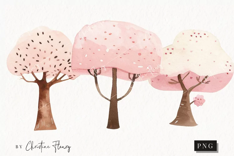 Watercolor Pink Trees | Camping PNG