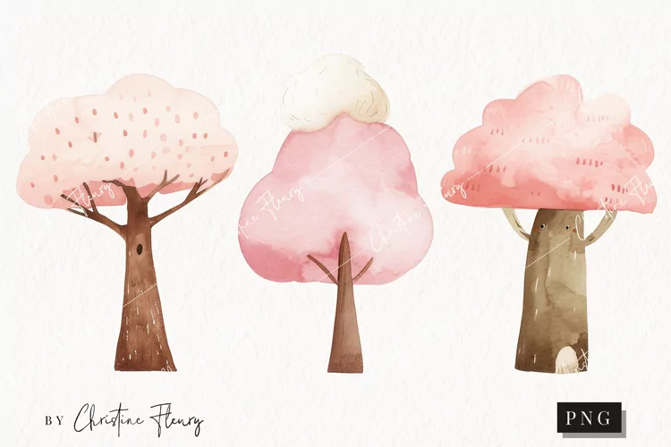 Watercolor Pink Trees | Camping PNG
