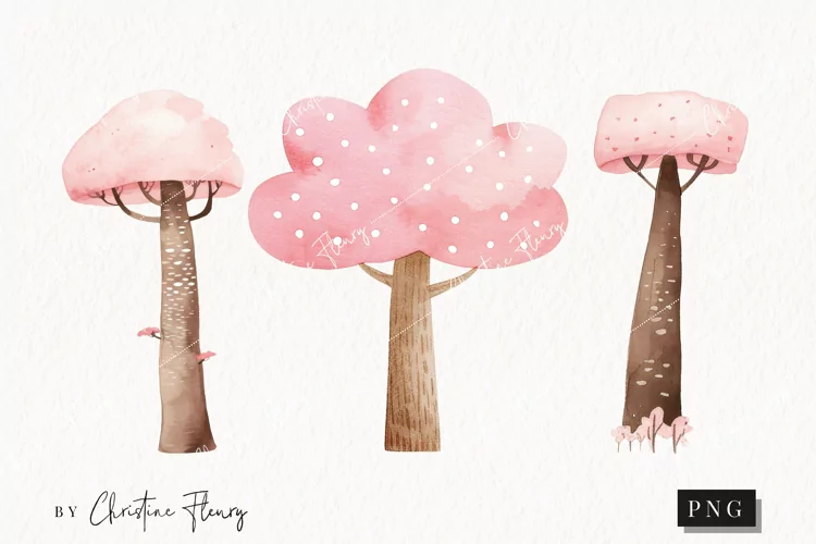 Watercolor Pink Trees | Camping PNG