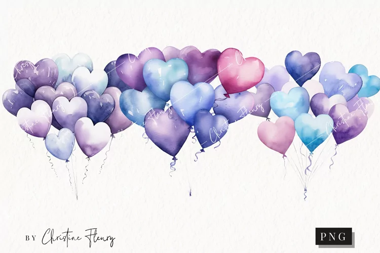 Watercolor Purple Heart Balloons PNG | Birthday PNG