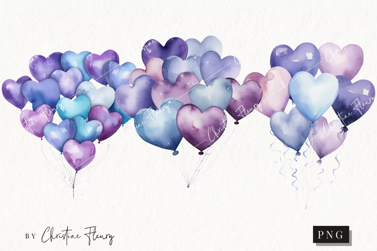 Watercolor Purple Heart Balloons PNG | Birthday PNG