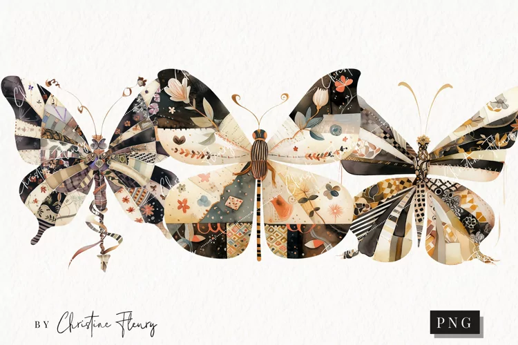 Vintage Patchwork Butterflies PNG | Vintage PNG