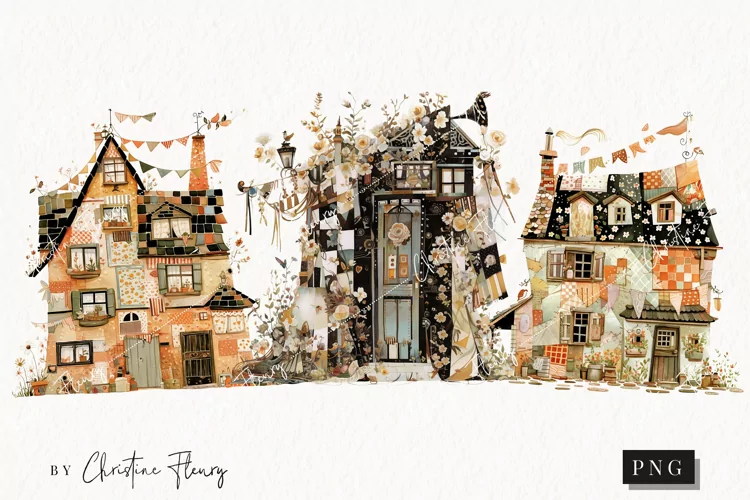 Patchwork Whimsical Vintage Houses | Whimsical PNG