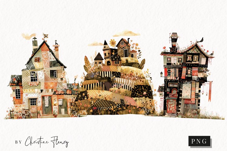 Patchwork Whimsical Vintage Houses | Whimsical PNG