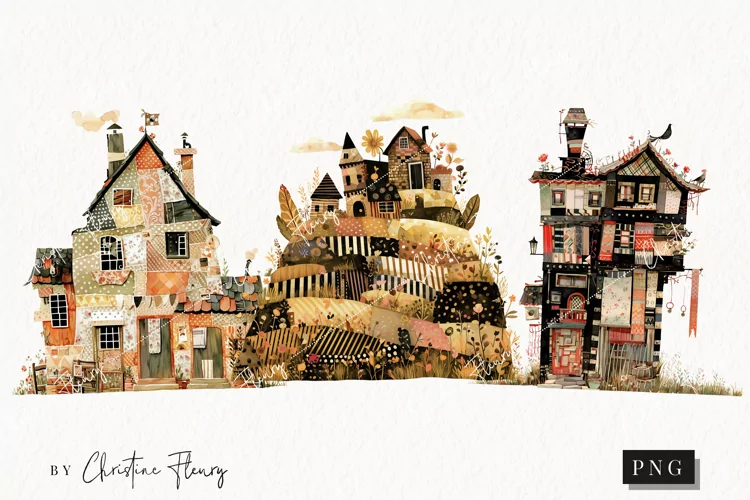 Patchwork Whimsical Vintage Houses | Whimsical PNG
