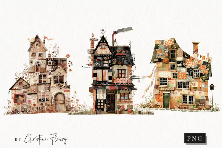Patchwork Whimsical Vintage Houses | Whimsical PNG