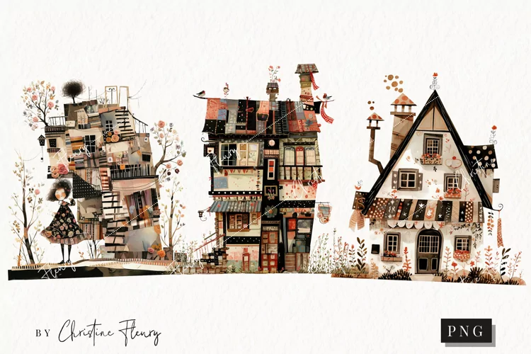Patchwork Whimsical Vintage Houses | Whimsical PNG