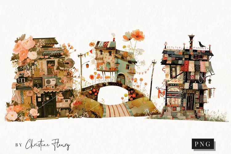 Patchwork Whimsical Vintage Houses | Whimsical PNG