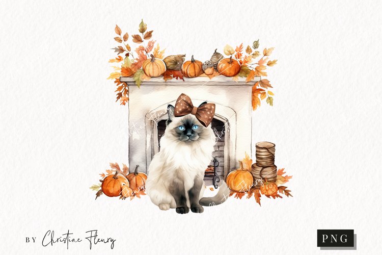 Watercolor Birman | Fall Cat PNG