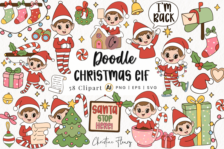 58 Doodle Christmas Elf Clipart Bundle - PNG | SVG | EPS