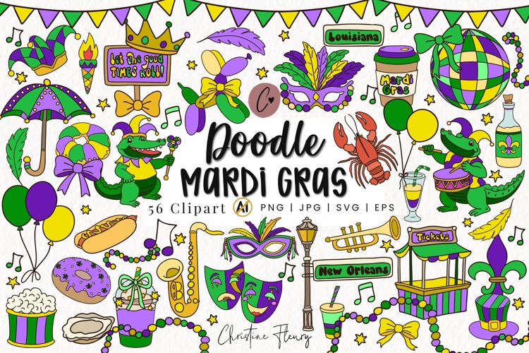 56 Doodle Mardi Gras Clipart Bundle - PNG | SVG | EPS