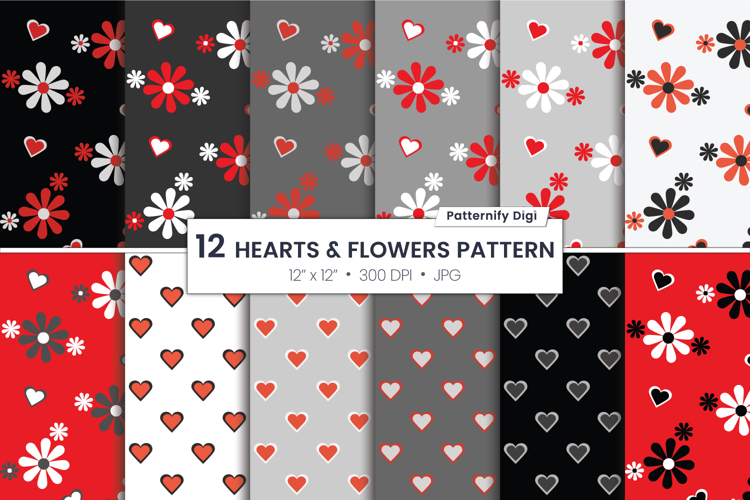Red And Gray Flowers Pattern, Hearts Seamless Background
