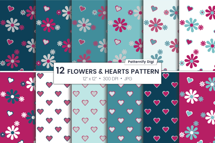 Small Hearts Digital Paper, Flowers Sweet Seamless Pattern