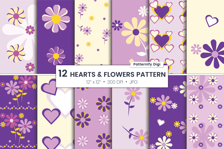 Purple floral and hearts digital paper