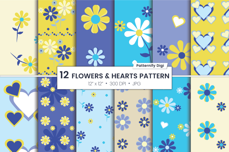 Blue and yellow, flowers and hearts digital paper