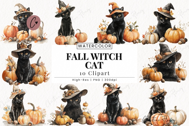 Fall Witch Cat Clipart Bundle